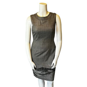 Elie Tahari Grey Wool-Blend Sleeveless Sheath Dress with Abstract Hem, US 12